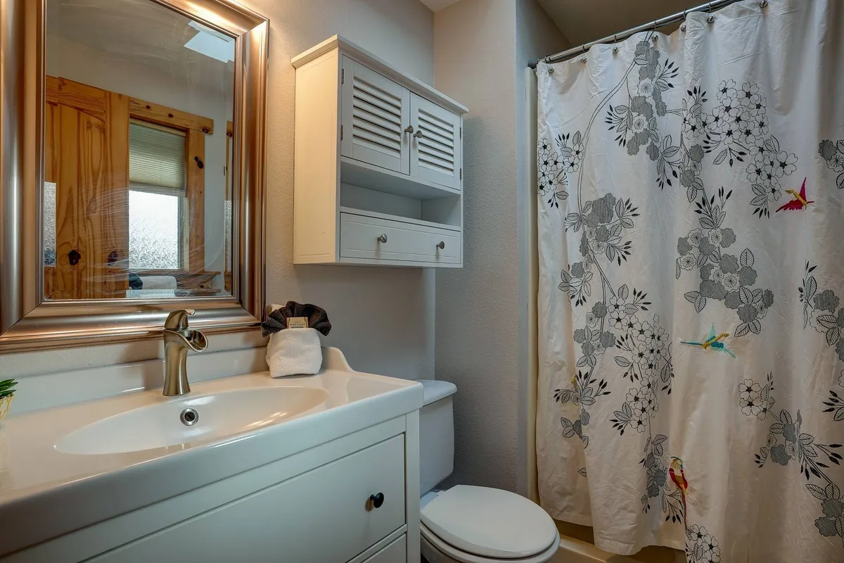 A serene bathroom with a vanity and mirror, a shower curtain, and built-in shelving. The space feels fresh, clean, and designed for quiet moments of self-care.